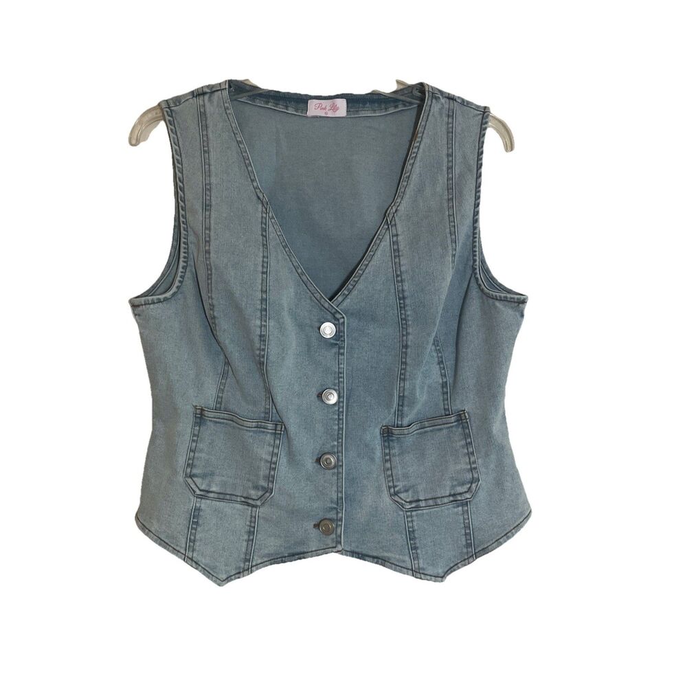 Pink Lily Denim Vest Women's XL Blue Light Wash Sleeveless Uptown Cowgirl Fitted